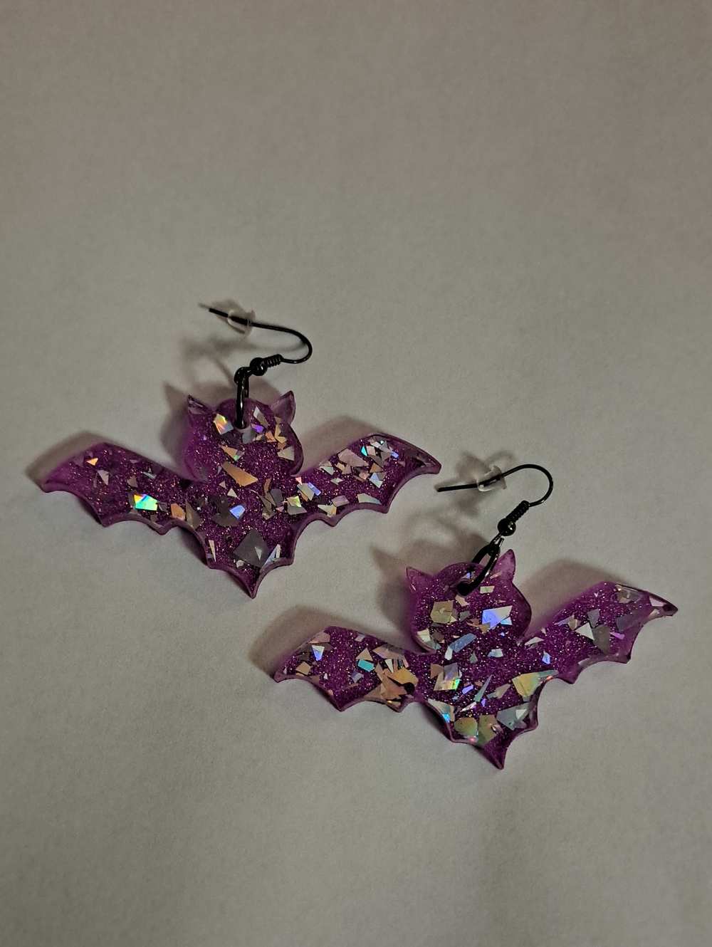Hanging Bat Purple Sparkly Glitter Earrings